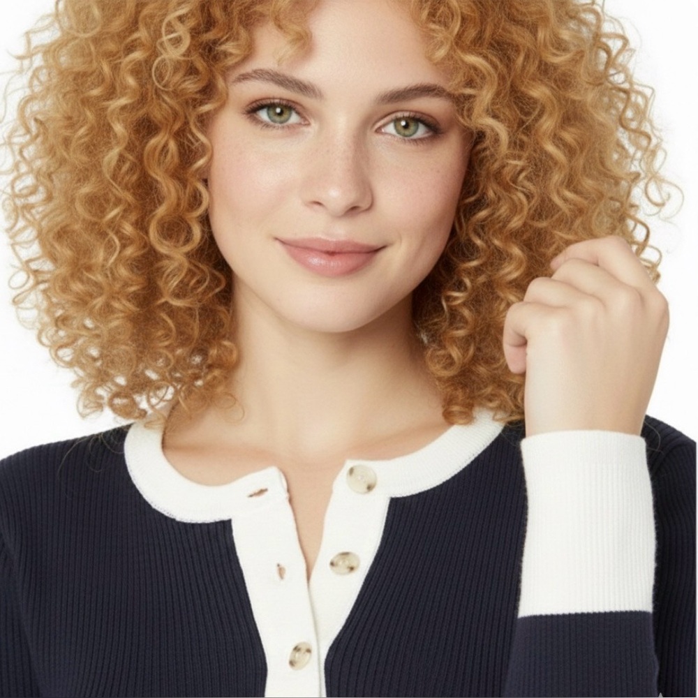 Faherty - women’s Mikki Henley navy white sweater organic cotton cashmere top L - Picture 2 of 8